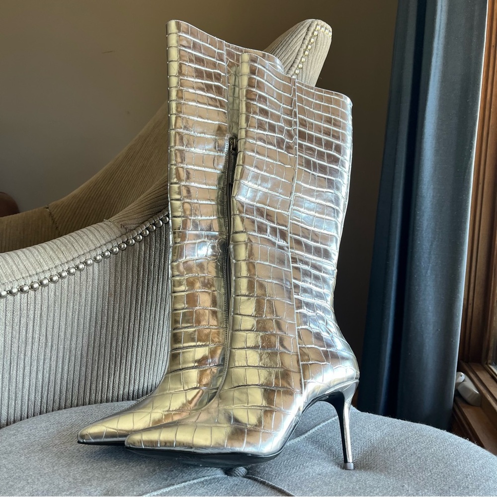 BLACK SUEDE STUDIO Tory Croco Knee Boots - Silver Metallic Croc Leather